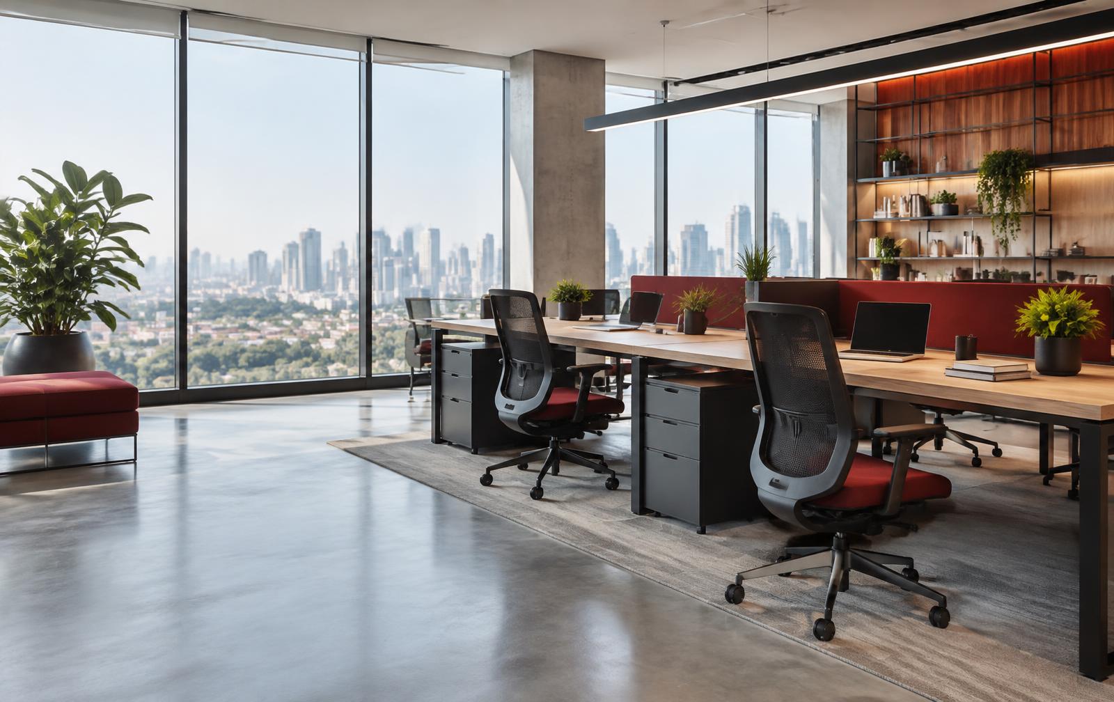 Ambiente corporativo moderno com estações de trabalho